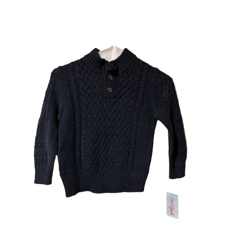 Cat & Jack Boys Navy Blue Cable Knit Mock Neck Button Sweater 4T New